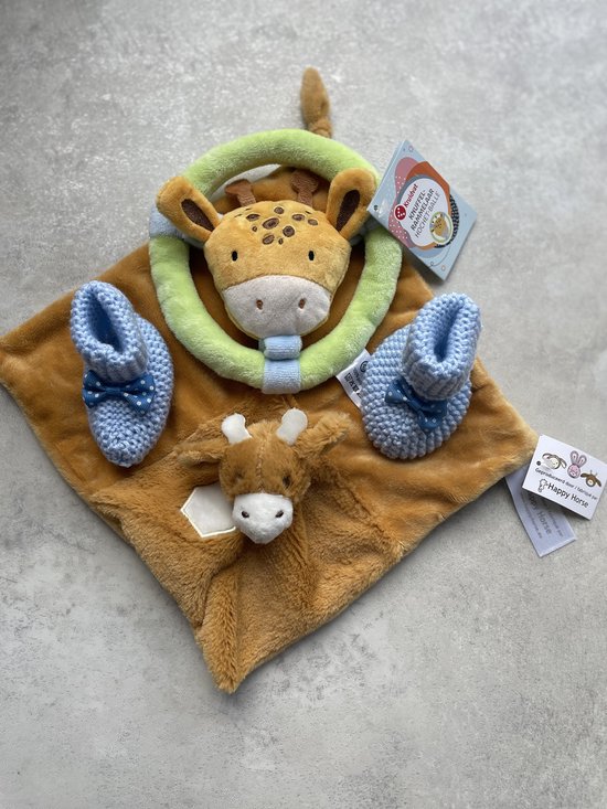 Maminobaby.nl geschenkset - Happy horse knuffeldoekje jongens - Giraf knuffelrammelaar - Babyslofjes - Babykleding - Cadeau - Babyshower cadeau - Kraamcadeau van Maminobaby.nl
