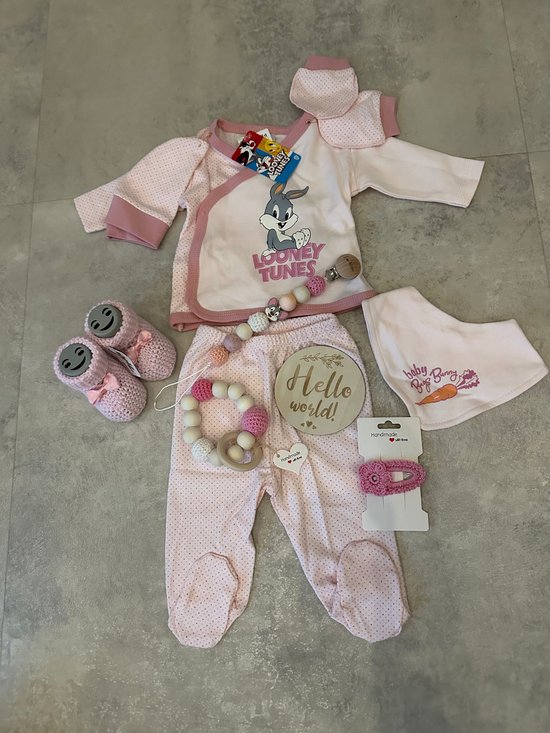 Maminobaby.nl geschenkset - Looney tunes - Baby Newborn kleding set meisjes - Newborn kleding set - Babykleding - Babyshower - Handgemaakte speenkoord/haarclip/bijtring van Merkloos