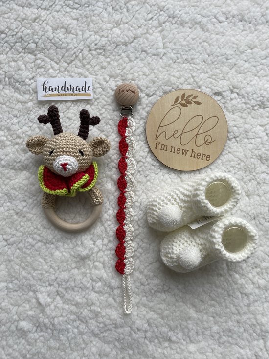 Maminobaby.nl - Kerstcadeau - Hert - Baby Geschenkset meisjes/jongens | Newborn | Handgemaakte Bijtring | Handmade speenkoord | | Handmade haarband | Kraamcadeau | Babyshower van Merkloos
