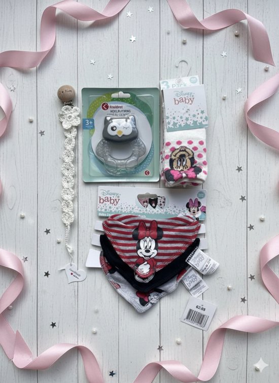 Maminobaby.nl | Minnie mouse | Baby geschenkset meisjes | Slabbetjes | Minnie mouse sokjes | Handgemaakte Speenkoord | Uil Koelbijtring | Kraamcadeau | Babyshower cadeau