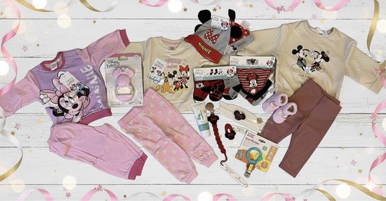 Maminobaby.nl - Minnie mouse Babygeschenkset - Kraamcadeau - Babyshower - Pyjama - Bijtring - Handgemaakte Speenkoord/haarclip/haarband - Sokjes - Babyslofjes - Sweater & legging - Slabbetjes