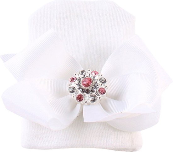 Mammie's Geboortemuts / babymuts / ziekenhuismuts effen met strik van lint en steentjes - 0 tot 1 maand Wit met Wit strik van Merkloos