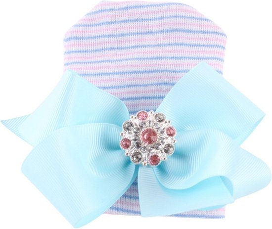 Mammie's Geboortemuts / babymuts / ziekenhuismuts gestreept met strik van lint en steentjes - 0 tot 1 maand Blauw-pink gestreept met Blauwe strik van Merkloos