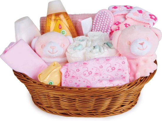 Mand voor babymand voor meisjes - met babykleertjes, benodigdheden voor pasgeborenen, babydeken, roze dekbed en zachte speelgoedrammelaar van Beebs & Bubs