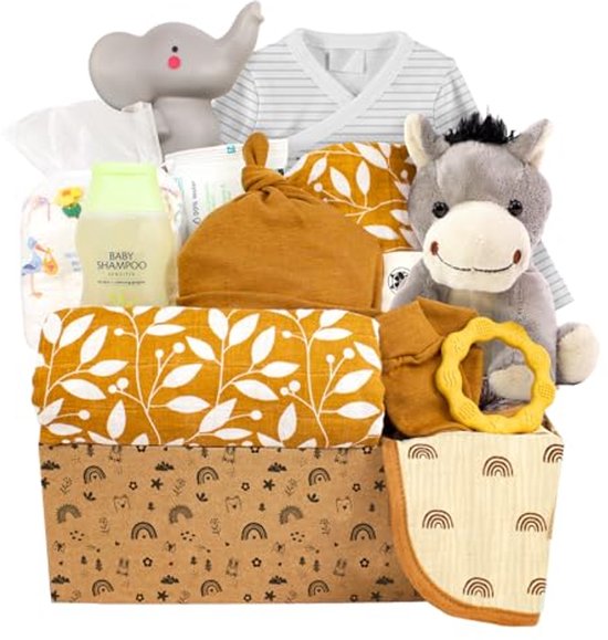 Mand voor pasgeborenen met katoenen kleertjes, luiers en pluche speelgoed – Veganistisch en hypoallergeen van Lily & Jack