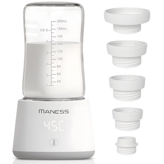 Maness Draagbare Flessenwarmer - Oplaadbaar - Flessenwarmer Onderweg - Intelligente verwarming van vloeistoffen - 5 Adapters en 4 Standen - USB-C - Wit - Geschikt voor nagenoeg alle merken babyflessen van Maness