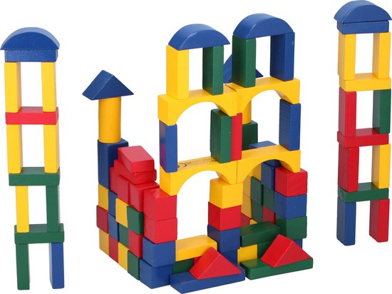 Marionette Wooden Toys Houten Speelgoed-Blokken - vanaf 2 Jaar - 100 Stuks - in Opbergton - Rood-Geel-Groen-Blauw van Marionette