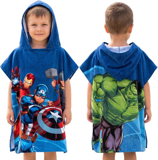 MARVEL Avengers Zwembadhanddoek, sneldrogende poncho met capuchon voor kinderen, op het strand, 100% katoen 50x115cm OEKO-TEX van Marvel Avengers