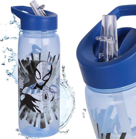 MARVEL Spider-Man WATER FLES met mondstuk en handvat, transparante FLES MET RIETJE 600 ml