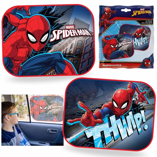 MARVEL Spider-Man Zonneschermen BESCHERMING TEGEN DE ZON voor de auto VOOR RAAM, met zuignappen SET 2 stuks van Merkloos