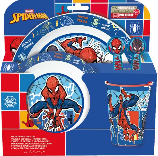 Marvel's Spider-Man Kinderservies - 5-delig - Herbruikbaar - Inclusief bord, kom, bestek en beker - Vaatwasser- en microgolfbestendig & BPA-vrij - Wit/Blauw/Rood van Merkloos