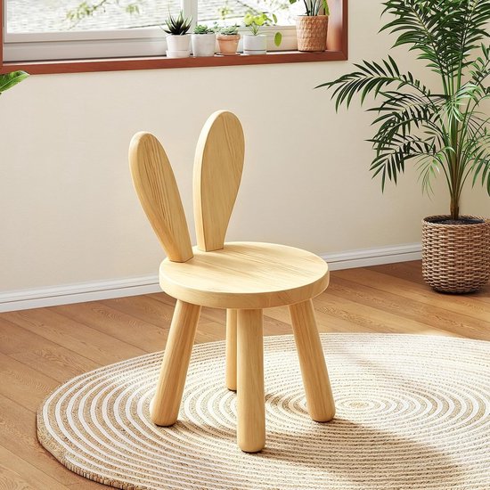 Massief houten kinderstoel met konijnenoren rugleuning, antislip voetjes, 45 x 26 cm, ideaal voor kinderen vanaf 3 jaar
