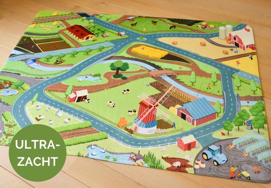 Mats & Joy – Boerderij Speelmat met Stratenplan 130x180cm – Ultrazacht – Anti-Slip – Wasbaar – Speelkleed Auto – Speeltapijt – Autokleed Speelgoed – Verkeerskleed – Verkeersmat – Speeltapijt – Jongens en Meisjes – Stratentapijt Verkeer van Mats & Joy