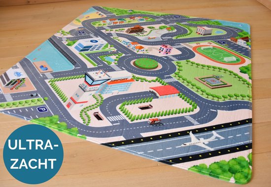 Mats & Joy – City Auto Speelmat Kinderen 100x100cm – Ultrazacht - Anti-Slip - Wasbaar – Speelkleed - Speeltapijt Verkeer - Autokleed Stad - Verkeerskleed - Speelgoed Kleed - Verkeersmat - Verkeerstapijt Jongens Meisjes - Stratenplan van Mats & Joy