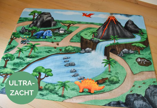 Mats & Joy - Dino Wegentapijt - 130x180cm - Ultrazacht - Anti-slip - Wasbaar - Dinausauriër Tapijt - Speelkleed / Speelmat / Vloerkleed Kinderen / Stratentapijt / Speelgoed / Speelgoedtapijt / Speelmatten / Groot Speelkleed Dinosaurus van Mats & Joy