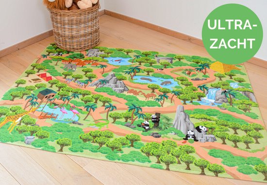 Mats & Joy - Jungle Safari Wegentapijt - 130x180cm - Ultrazacht - Anti-slip - Wasbaar - Kindertapijten.be - Speelkleed / Speelmat / Vloerkleed Kinderen / Stratentapijt / Speelmat / Autokleed / Speelgoedtapijt / Speelmatten / Groot Speelkleed Dieren van Mats & Joy