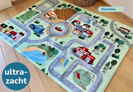 Mats & Joy® Village Auto Speelmat 110x170cm - Fluweelzacht - Anti-slip - Wasbaar - Groot Auto Speeltapijt voor Kinderen - Speelkleed Baby – Autokleed