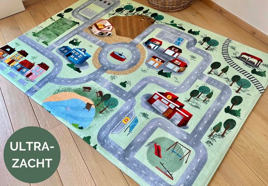 Mats & Joy – Village Auto Speelmat 130x180cm - Ultrazacht - Anti-slip - Wasbaar – Speelkleed Verkeer – Speeltapijt – Autokleed - Verkeerskleed – Autokleed Speelgoed – Autospeelkleed – Auto Vloekleed – Kinderen Jongens Meisjes - Stratentapijt van Mats & Joy