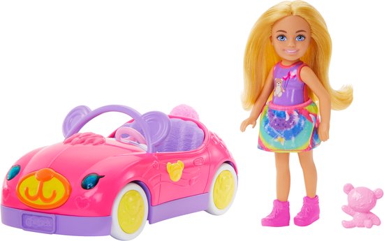 Mattel Barbie Chelsea speelgoedauto met teddybeer en pop - roze.