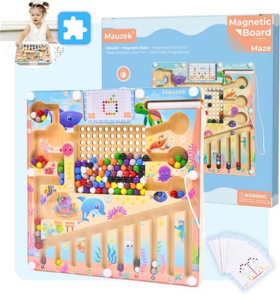 Mauzek® Magnetisch Doolhof Zee - Montessori speelgoed - Houten speelgoed - Magneetspel - Sensorisch - Activiteitenbord - Magnetisch - Peuter speelgoed - Voor in de auto - Speelgoed voor onderweg - Jongens - Meisjes - 3 jaar - 4 jaar - 5 jaar - 6 jaar van Merkloos