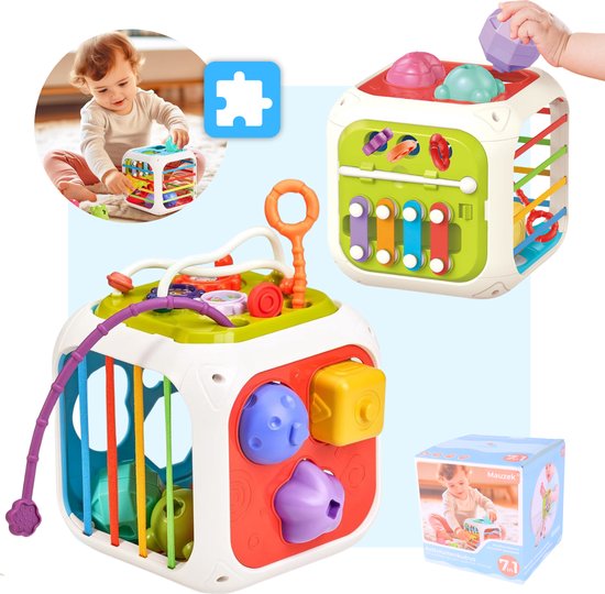 Mauzek® Montessori Activiteiten Kubus 7 in 1 - Montessori Speelgoed - Kinderspeelgoed - Vormenstoof - Blokkendoos - Speelkubus - Sensorisch Speelgoed - Educatief Speelgoed - Motorisch Speelgoed - Peuter Speelgoed - Speelgoed voor onderweg- +1,5 jaar van Mauzek