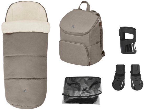 Maxi-Cosi Accessoireset voor Oxford Kinderwagen - Voetenzak, Luierrugzak, Bekerhouder, Autostoeladapters, Regenhoes - Twillic Truffle