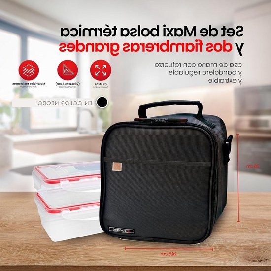 Maxi Lunch Bag - Isolatie Tas - Eten Meenemen - Inclusief 2 Bakjes - 1.7 Liter - Zwart