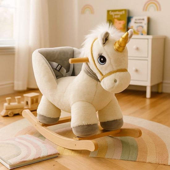 Maxx Kidz Hobbelpaard Eenhoorn - Houten Schommelpaard - 48 x 60 x 33 cm - Schommelstoel - Speelgoed voor Kinderen - Vanaf 3 Jaar - Wit