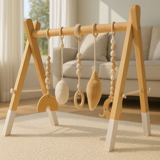 Maxx Kidz Houten Babygym - Stevige & Veilige Constructie van Hout - Speelgoed voor Baby van 6 maanden - Gym met 5 hangers van Merkloos