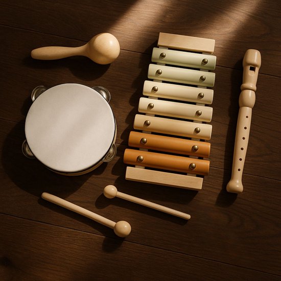 Maxx Kidz - Houten Muziekinstrumenten set voor Kinderen - Kinder Muziekinstrumenten - met Tamboerijn, Fluit en Xylofoon - Voor Baby en Peuter van 1 tot 3 jaar - Montessori Muziek Speelgoed van Merkloos