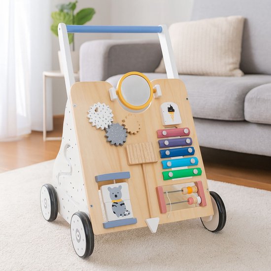 Maxx kidz - Loopwagen Hout - 'Baby Walker' - Activiteiten Duwwagen - Leren Lopen - Veel Speelopties - Wit / Hout van Lobbes