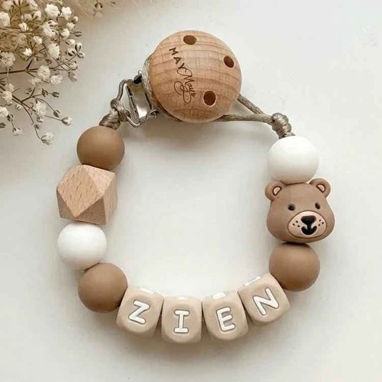May Mays | Speenkoord met Naam | Beer Bruin Wit | Gepersonaliseerde Speenketting Baby | Kraamcadeau Pasgeborene | Babyshower Cadeau | Newborn Gift | Siliconen letterkralen