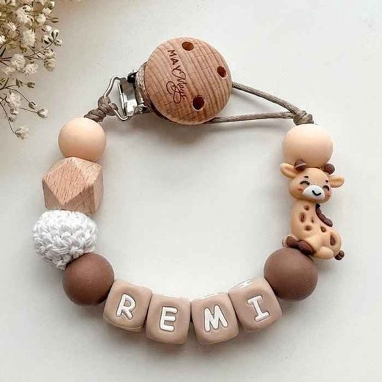 May Mays - Speenkoord met Naam - Giraf Bruin Geel - Gepersonaliseerde Speenketting Baby - Kraamcadeau Pasgeborene - Babyshower Cadeau - Newborn Gift - Siliconen letterkralen
