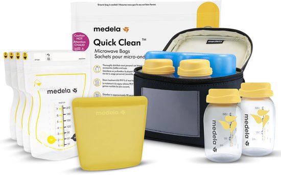 Medela Alles-in-één moedermelkbewaarset met 150 ml Flesjes, Moedermelkbewaarzakjes met schenktuit & Herbruikbare bewaarzakjes, Quick Clean™ magnetronsterilisatiezakje en Koeltas met gevormd koelelement. van Medela