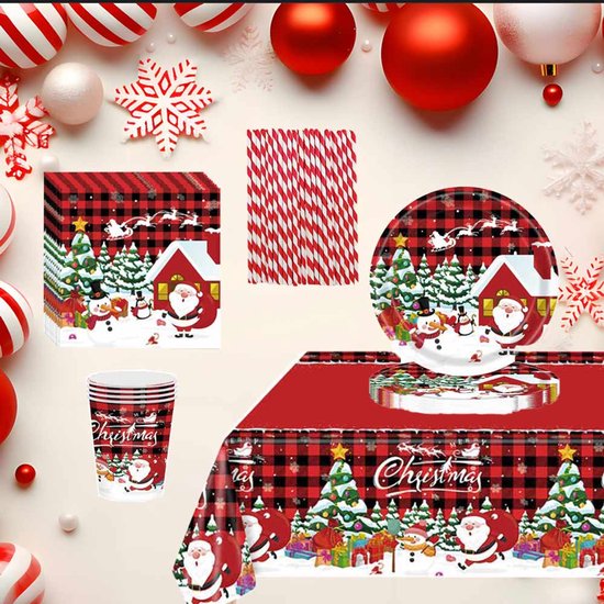 Meedeer Kerstfeestservies-Wegwerp Servies Set 24 personen-Papieren borden-Papieren bekers-Papieren handdoeken-Rietjes-TafelkledenKerstmis-feestaccessoires-set voor Kerstmis van Merkloos