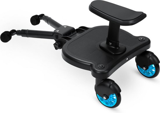 Meerijdplankje Universeel - Meerijdplankje met zitje voor aan de kinderwagen of buggy - Dubbele stevige wielen - Extra stabiel - Verstelbaar - Blauw van Merkloos
