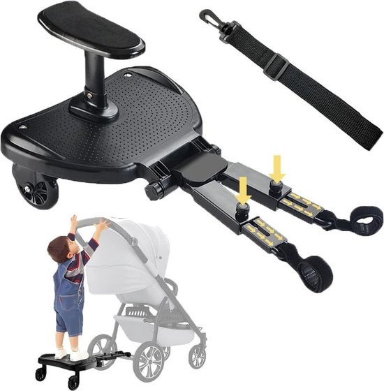 Meerijdplankje Universeel - Meerijplankje Met Dubbele Stevige Wielen - Meerijdplankje Met Zitje Voor Aan De Kinderwagen of Buggy - Extra stabiel - Verstelbaar – Meerijdplankjes Tot 25 kg – Zwart van Koelstra