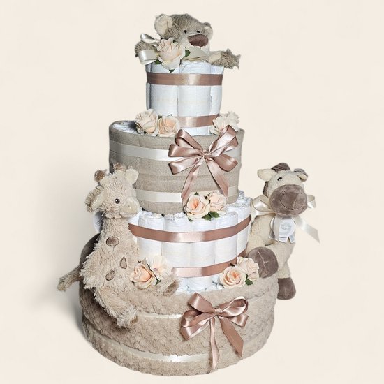Mega Luiertaart 4-laags Beige – luxe unisex kraamcadeau van BamBam