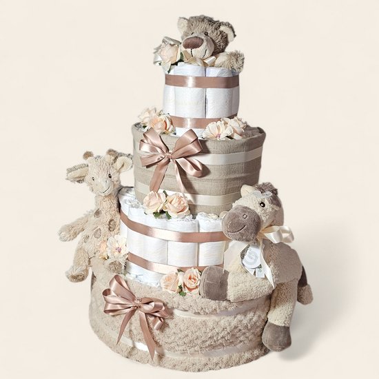 Mega Luiertaart 4-laags Beige – luxe unisex kraamcadeau