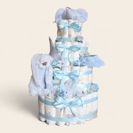 Mega Luiertaart Blauw 4-Laags – 107 Pampers met Happy Horse Konijn & Tuttle