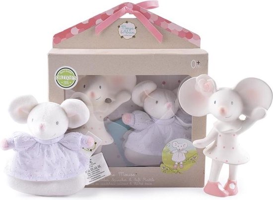 Meiya & Alvin: Muis MEIYA / BOX SET: Muis MEIYA in natuurlijk rubber met squeaker 16cm & rammelaar soft 13cm, in vensterdoos, 0+ van Meiya & Alvin