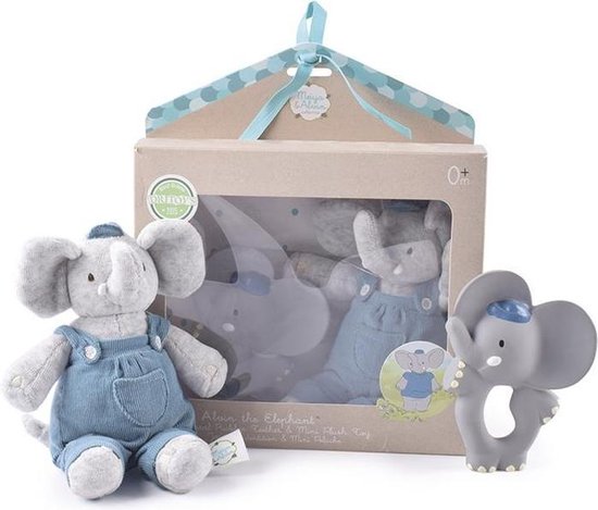 Meiya & Alvin: Olifant ALVIN / BOX SET: Olifant ALVIN soft toy mini 22 cm & bijtring in natuurlijk rubber 11cm, in vensterdoos, 0+ van Meiya & Alvin