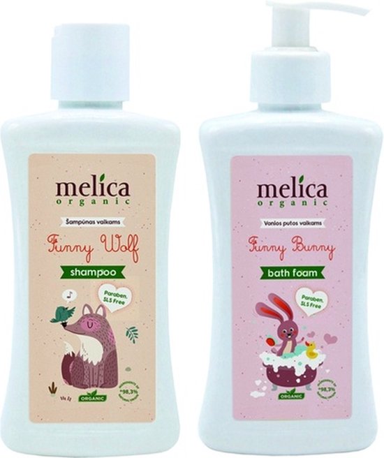 MELICA ORGANIC BIO Biologisch BABY en KINDEREN BADSET 98,8% Natuurlijke SHAMPOO "FUNNY WOLF" met ALOE VERA EXTRACT en 98,3% Natuurlijke BADSCHUIM "FUNNY BUNNY" met FRUIT MIX Zonder Parabenen, SLS, SLES 600ml van Melica Organic