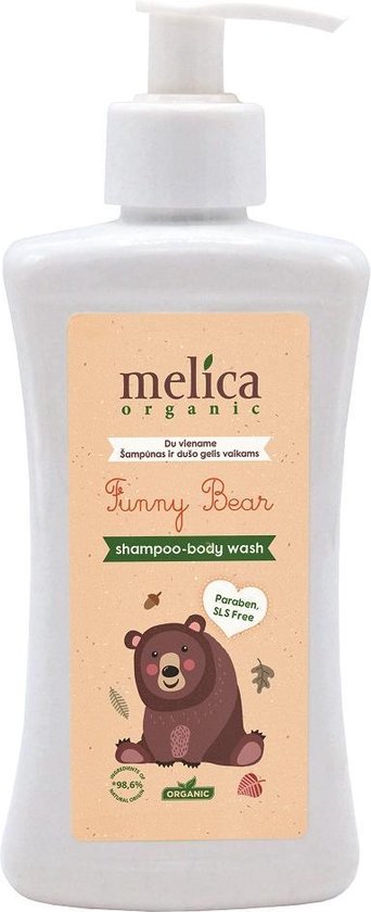 MELICA ORGANIC Biologisch 98,6% Natuurlijke BABY SHAMPOO en WASGEL 2 IN 1 "FUNNY BEAR" voor kinderen zonder Parabenen, SLS, SLES 300ml van Melica Organic