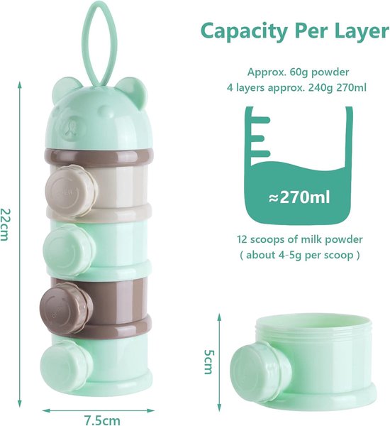 Melkpoeder Toren - Melkpoeder Doseerdoosjes - Melkpoeder bewaarbakjes - Bewaarbakjes - Meenemen en bewaren - Dispenser - Melkpoeder - 4 laags - Family Favorites - Kraamcadeau - Voor onderweg, in de open lucht en verpleging ’s nachts - Groen