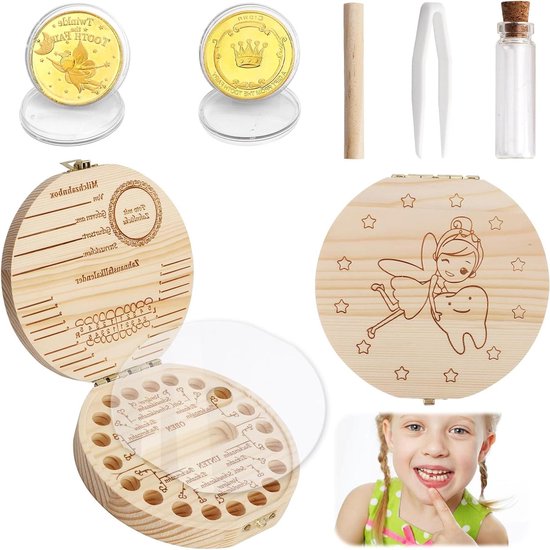 Melktanddoos en tandenfee-muntenset voor kinderen - houten tandendoos met haarkrullen-opslag - perfect cadeau voor jongens en meisjes, herinnering aan het eerste tandenverlies. van Merkloos