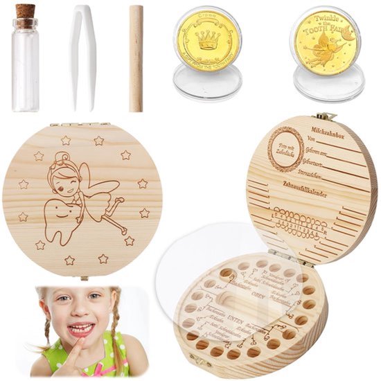 Melktanddoos Houten - Tandenfee-Muntenset - Haarkrullen-Opslag - Herinnering Eerste Melktanden - Perfect Cadeau voor Kinderen - Tanddoos