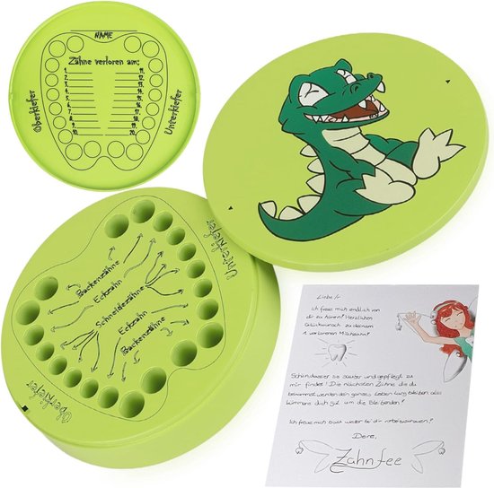 Melktanddoos voor jongens en meisjes, tandendoos, melktanden, metaal, groen, dino-motief, personaliseerbaar door tanduitvalkalender in het deksel, tandbox voor melktanden, met tandenfee brief, als van TAOZHIJIA