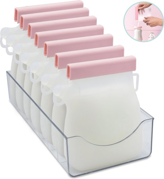 Mellons Renuva - Herbruikbare Moedermelk bewaarzakjes - 7 Stuks borstvoeding zakjes inclusief opberg bakje - Dubbele Zipsluiting en schenktuit - BPA-vrij van Mellons