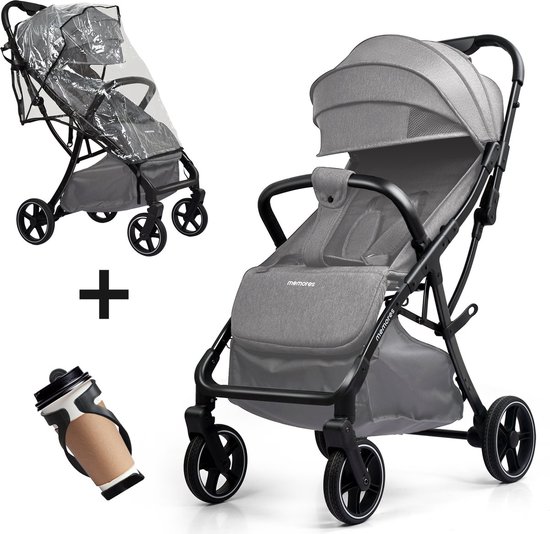 Memores Plooibuggy Grey - Buggy Inklapbaar - Inclusief Regenhoes en Bekerhouder - Peuter - Extra licht & Compact voor Vliegtuig, Auto & OV - Extra Veilig en Wendbaar door Grote Massieve Wielen - Tot 4 jaar - Kinderwagens - Wandelwagen - M1 van Memores
